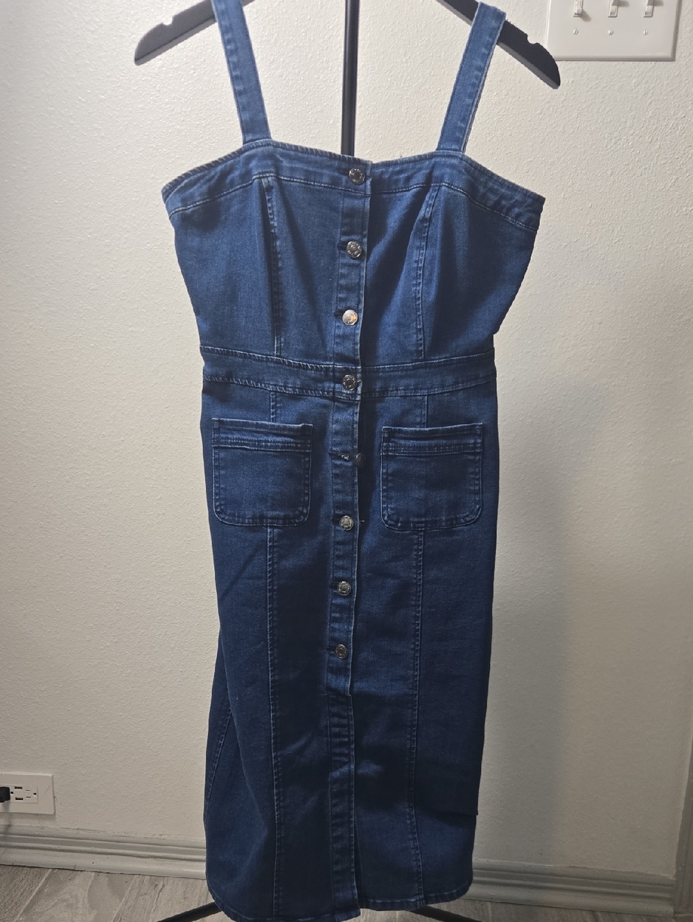 New York & Company Dark Blue Denim Button-Front Midi Dress